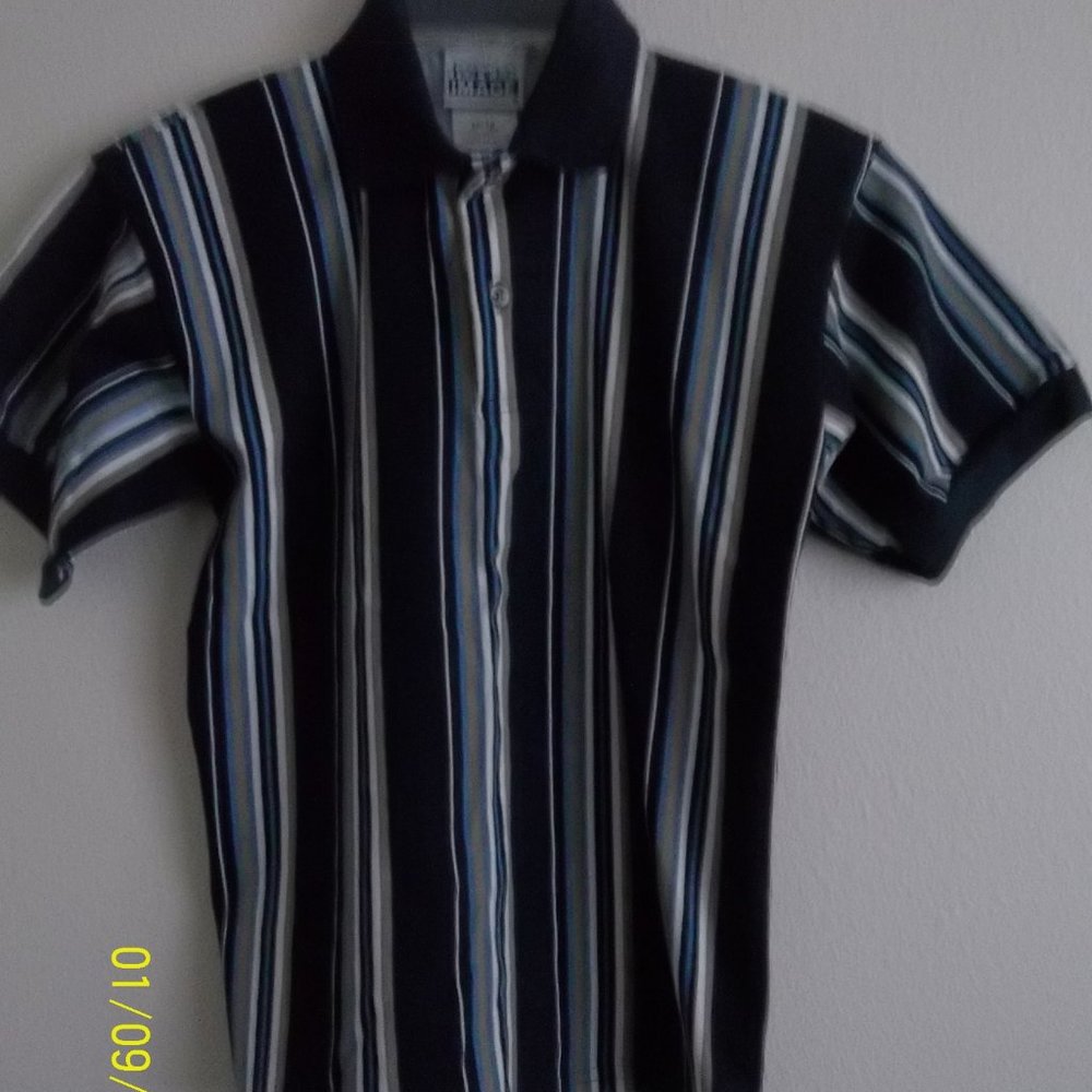 basic IMAGE Boys Size M 10/12 Short Sleeved Polo Shirt Blue/Tan/White Stripe